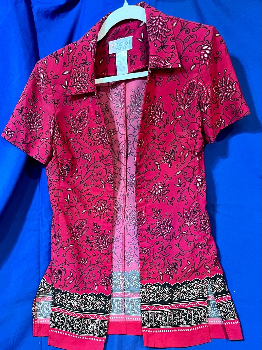 Studio I Petite 6P Red Floral Paisley Border Print Open Front Duster Tunic